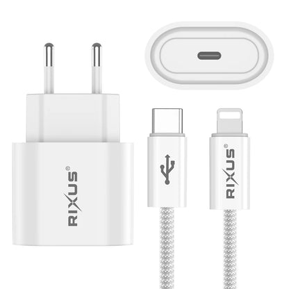 Rixus 30W GaN Ladegerät + USB-C zu Lightning Kabel (180cm, Weiss)