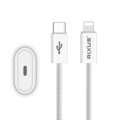 Rixus 30W GaN Ladegerät + USB-C zu Lightning Kabel (180cm, Weiss)