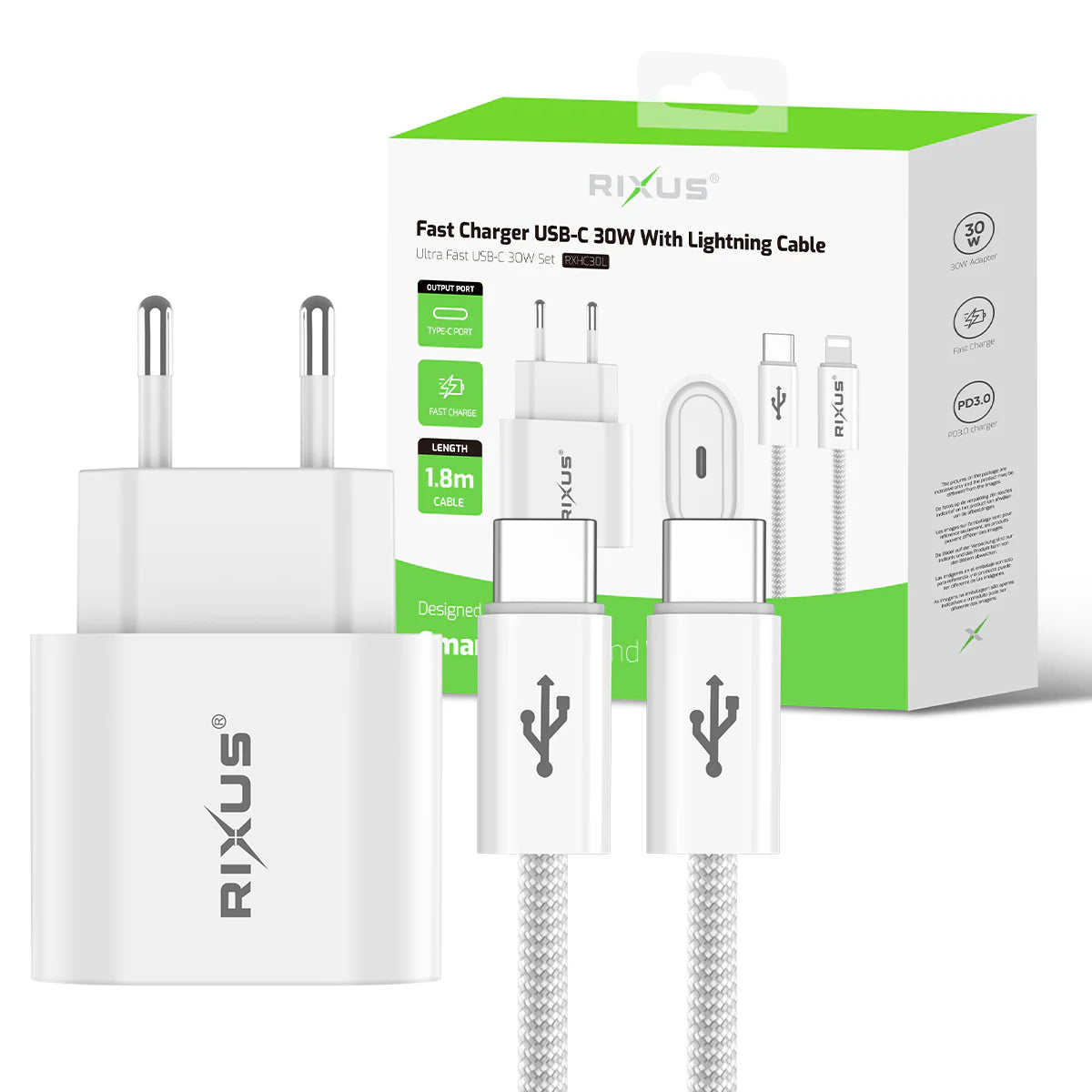 Rixus 30W GaN Ladegerät + USB-C zu Lightning Kabel (180cm, Weiss)