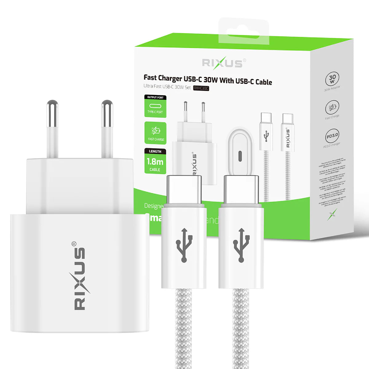 Rixus  30W GaN Ladegerät + USB-C zu USB-C Kabel (180cm, Weiss) - Phonebazaar