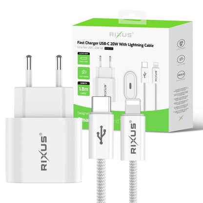 Rixus  20W PD Ladegerät + USB-C zu Lightning Kabel (180cm, Weiss)