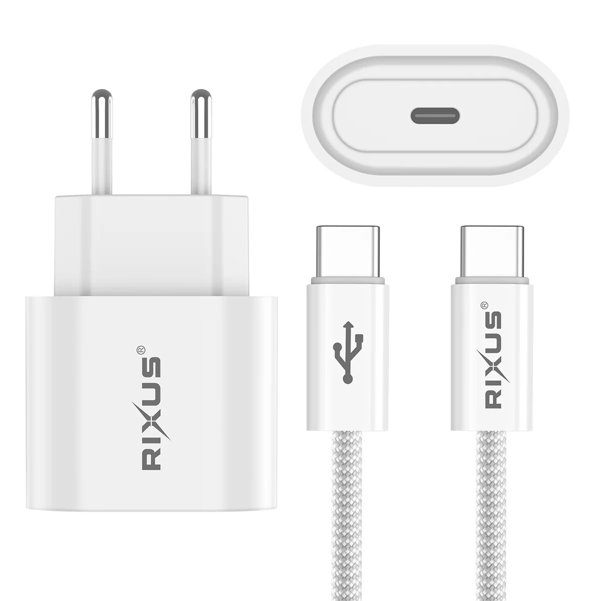 Rixus  20W PD Ladegerät + USB-C zu USB-C Kabel (180cm, Weiss)