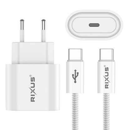Rixus  20W PD Ladegerät + USB-C zu USB-C Kabel (180cm, Weiss)