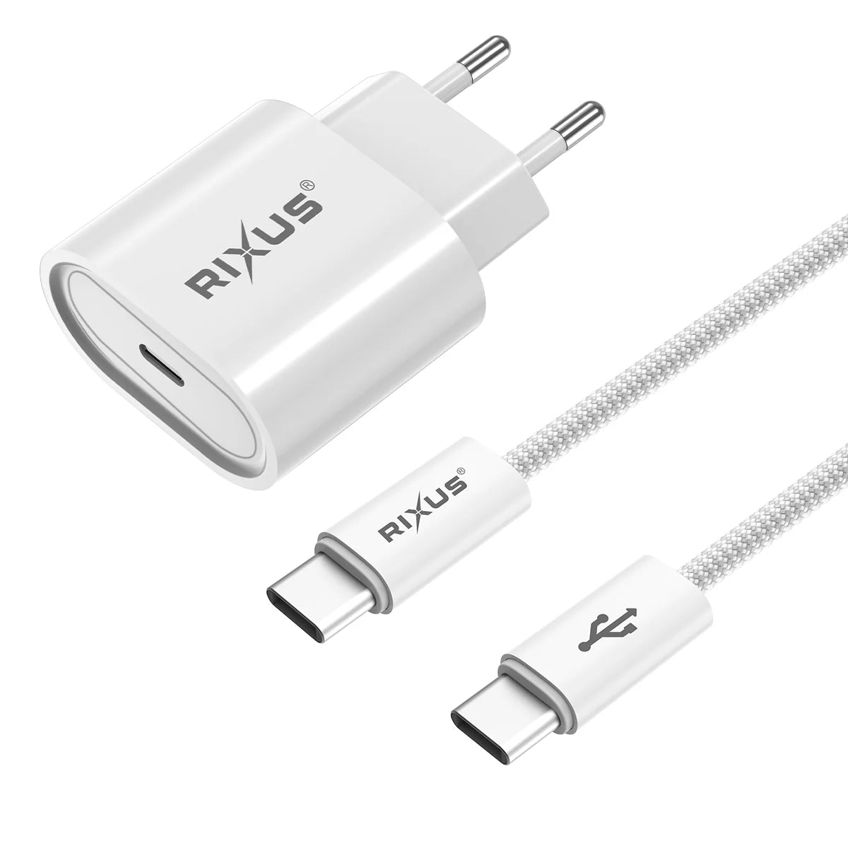 Rixus  20W PD Ladegerät + USB-C zu USB-C Kabel (180cm, Weiss)