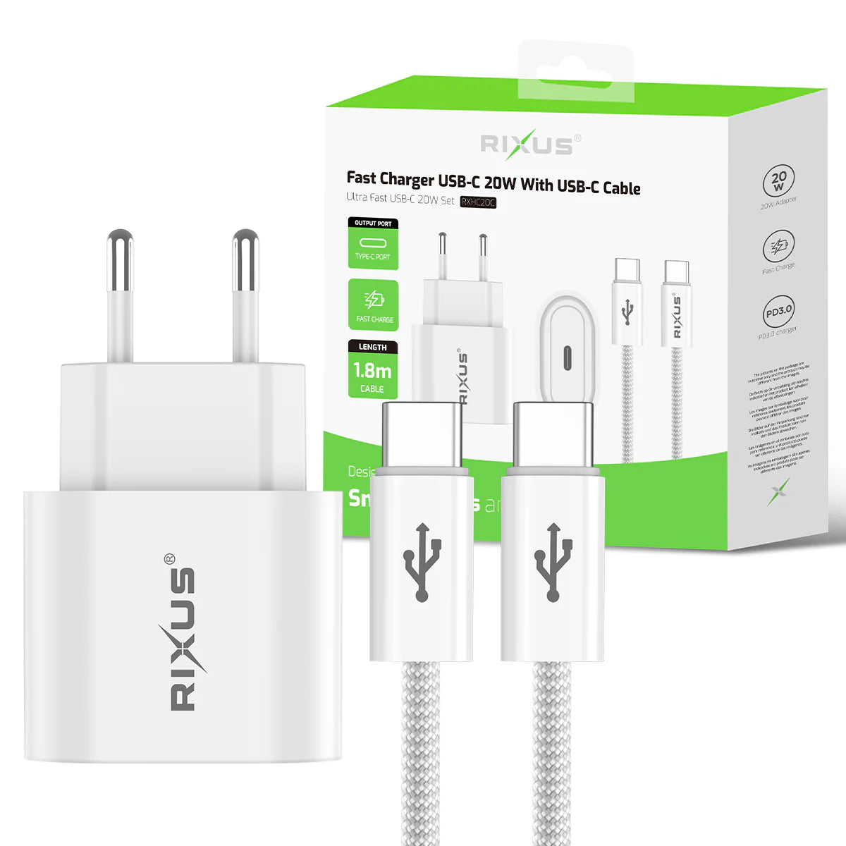 Rixus  20W PD Ladegerät + USB-C zu USB-C Kabel (180cm, Weiss)