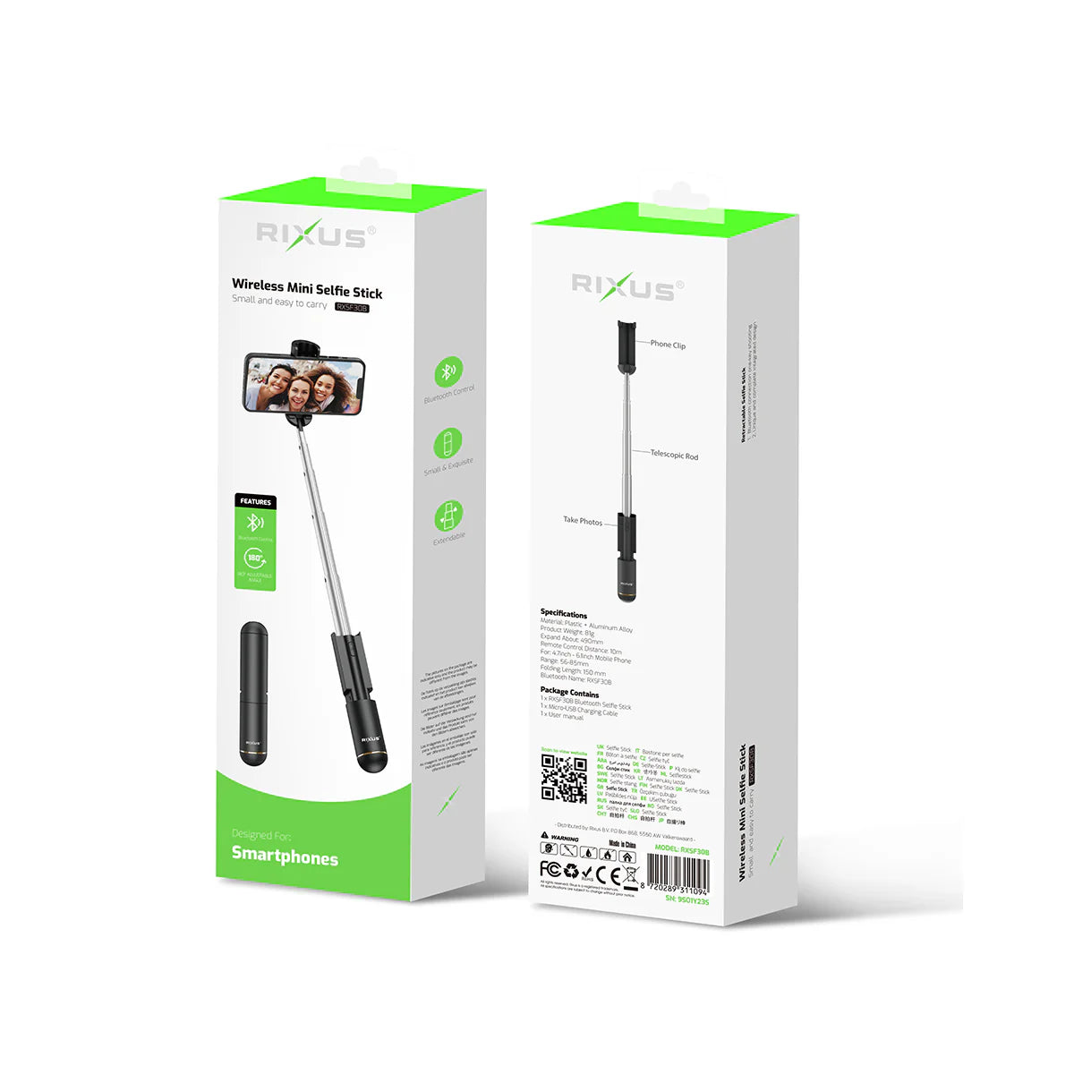 Rixus | Mini Bluetooth Selfie Stick – Kompakt & Integriertes Design
