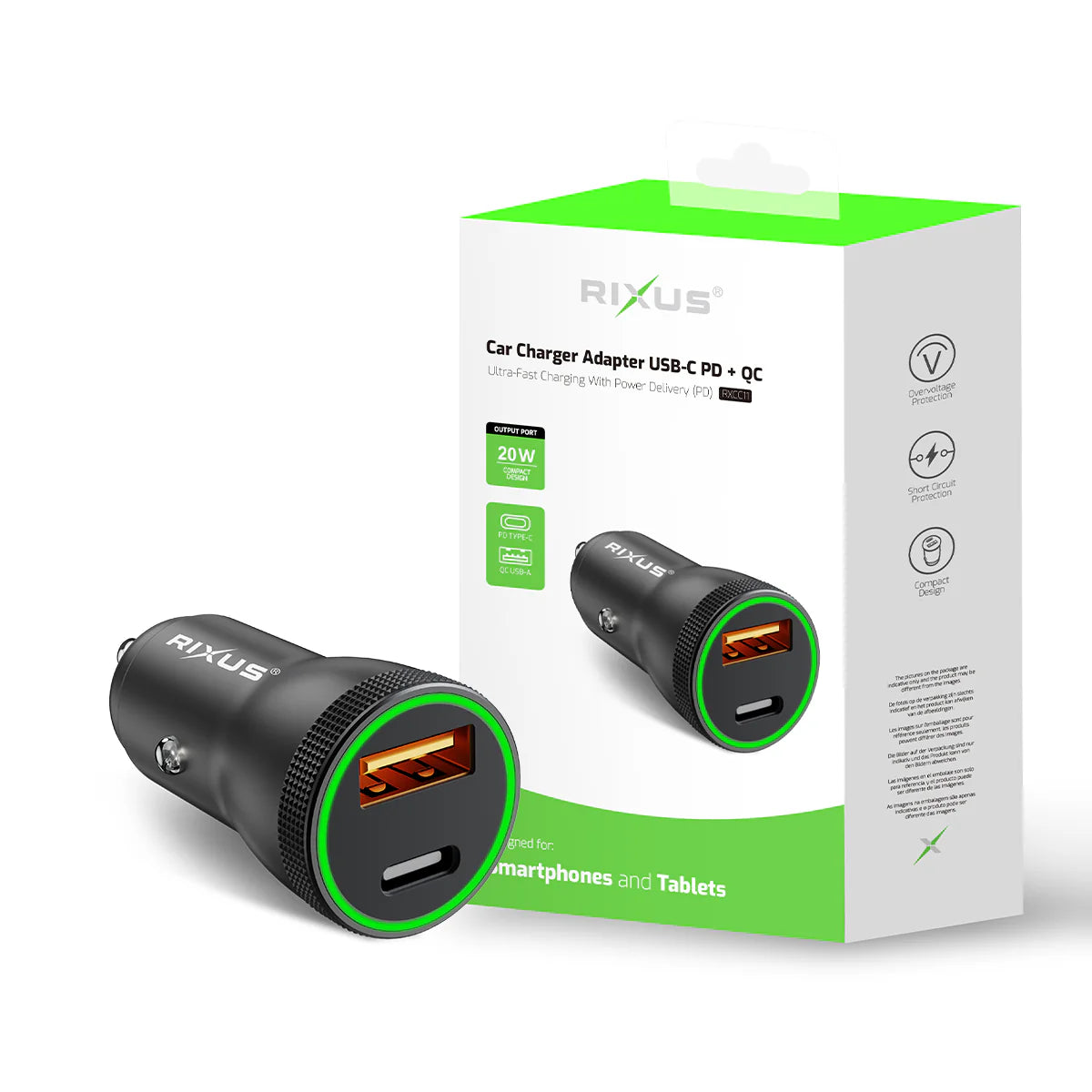 Rixus RXCC11 USB-C PD + QC 20W Auto-Ladegerät – Schwarz