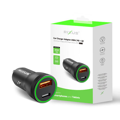 Rixus RXCC11 USB-C PD + QC 20W Auto-Ladegerät – Schwarz