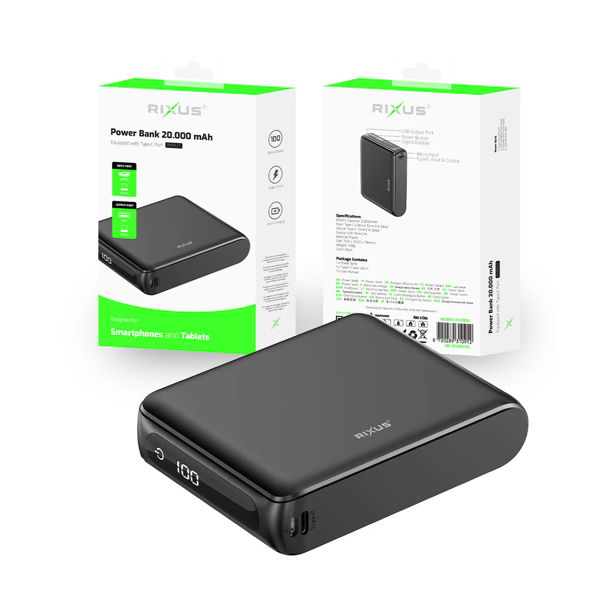 Rixus  Kompakte Powerbank 20000mAh mit Digitalanzeige