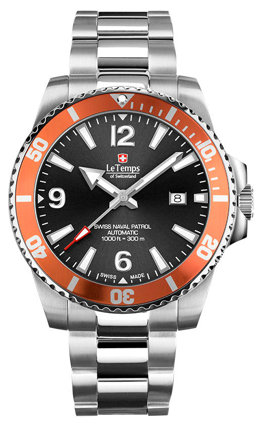 LeTemps SWISS NAVAL P. AUTOMATIC SAPHIR DIVER WATCH 300M