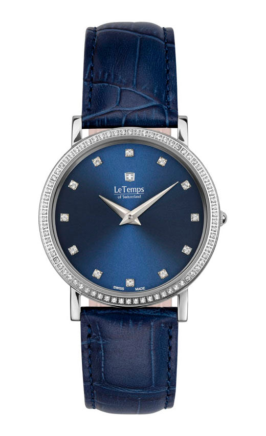Zafira Slim Swarovski Damenuhr mit dunkelblauem Lederarmband und funkelnden Swarovski-Kristallen von LeTemps.