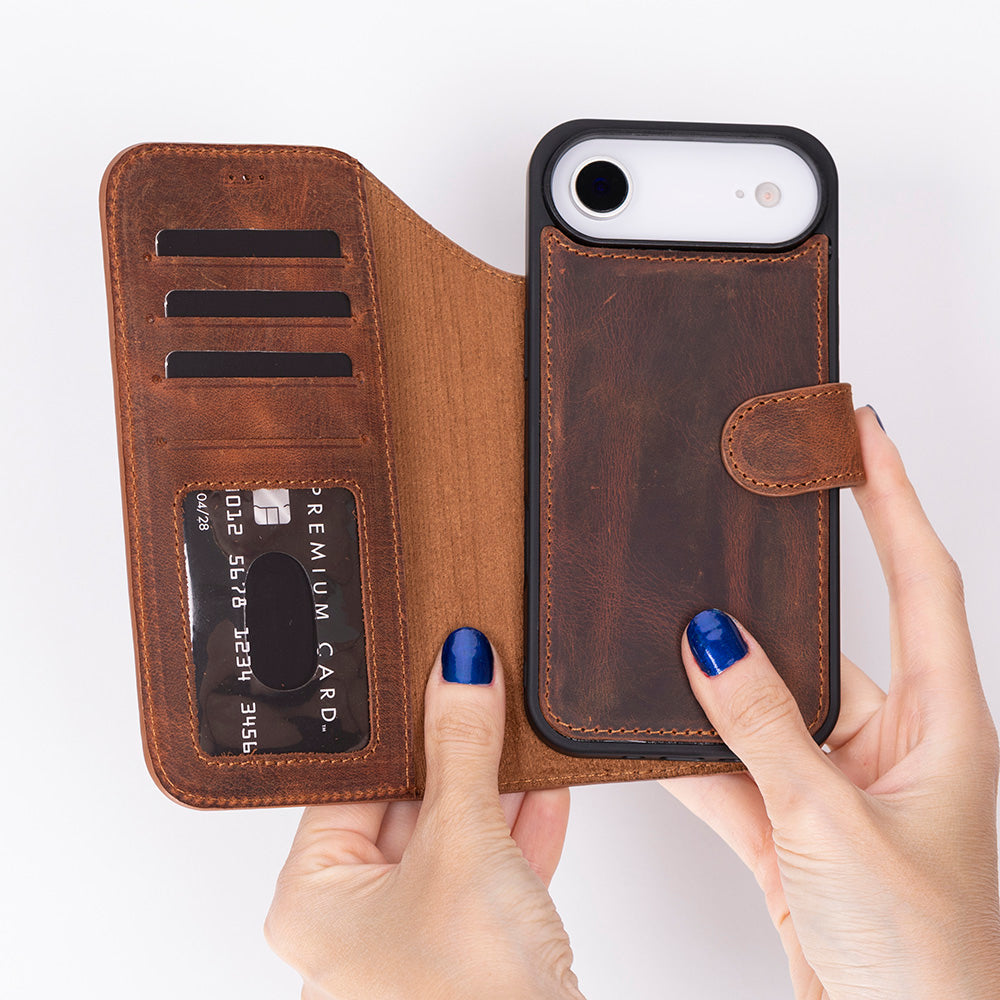iPhone 17 Air Magicportemonnaie Echtleder Geldbörsenhülle (Rot, Schwarz, Tan, Rosa, Grau, Blau, Braun,)