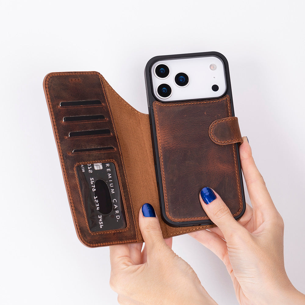 Magic iPhone 17 Pro Max Leather Detachable Wallet Case Saddle Brown 2
