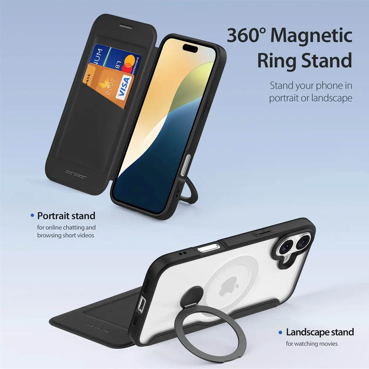 Dux Ducis Skin X Pro iPhone 16 Hülle mit RFID, Kartenfach & 360° Ring Stand
