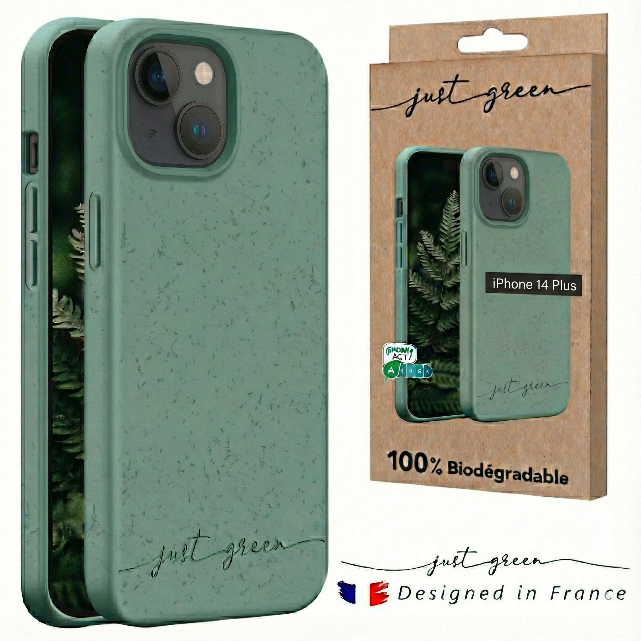 Apple iPhone 14 Plus 100% biologisch abbaubare Handyhülle von Just Green – Khakigrün