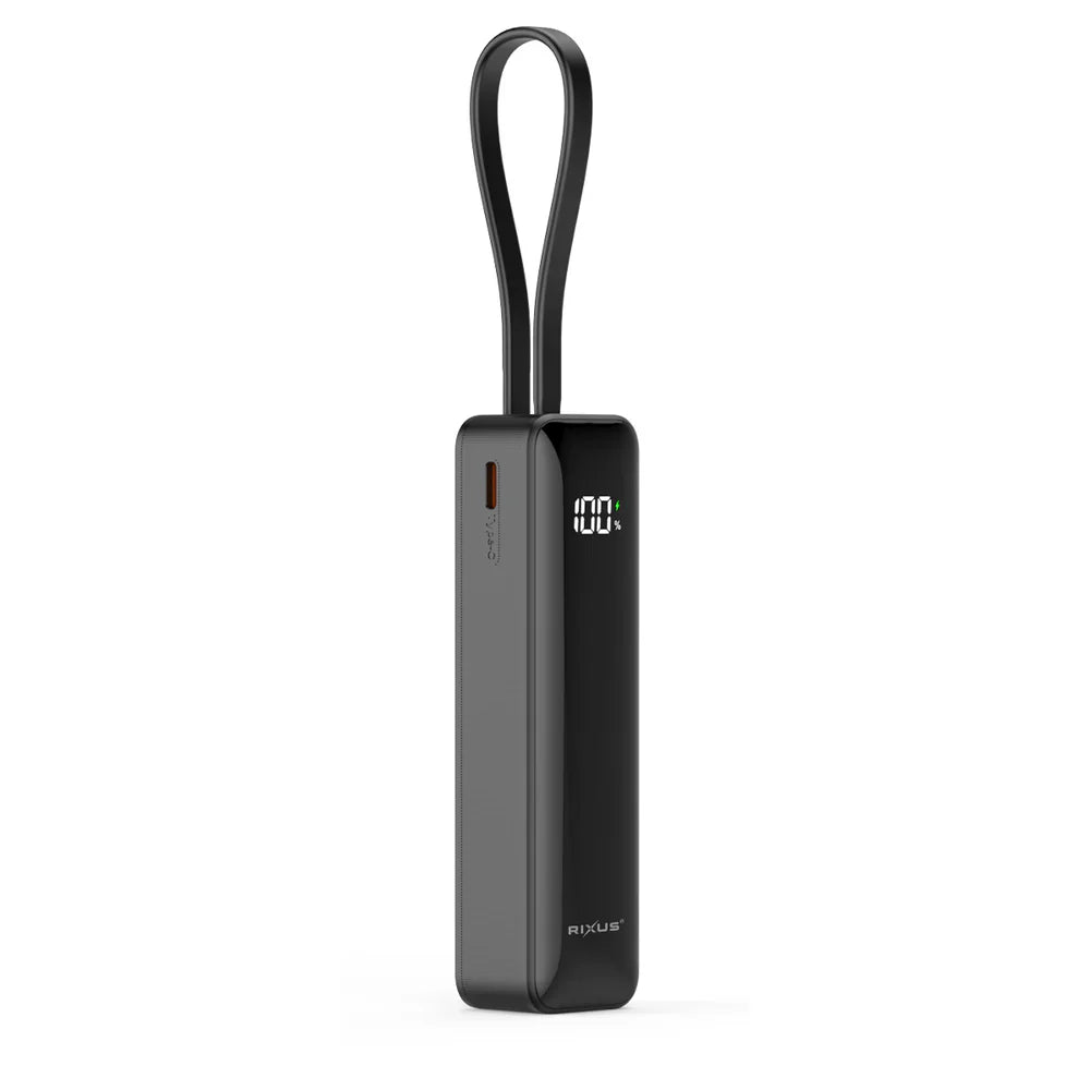 Rixus RXPB03B 5000 mAh Powerbank mit Digitalanzeige – Integriertes Typ-C-Kabel und Trageschlaufe