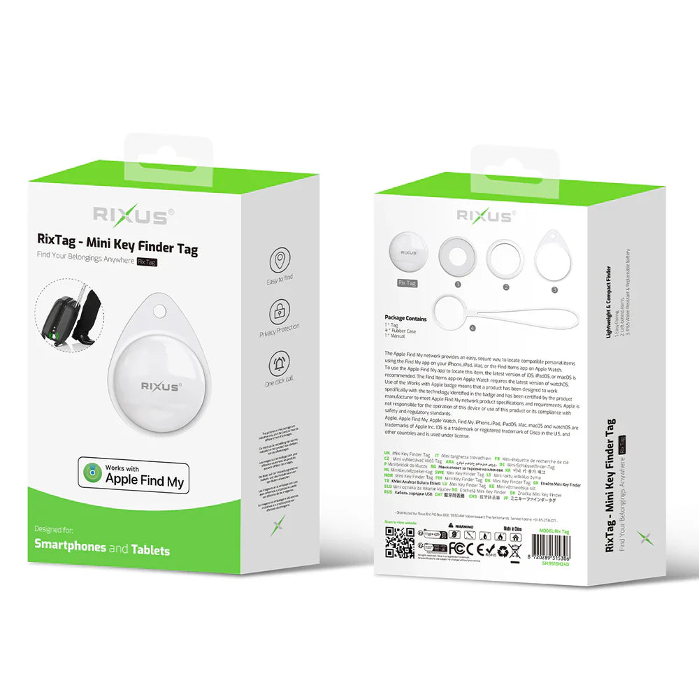 Rixus RixTag – Apple MFi-zertifizierter Tracker mit Apple Find My (Nur iOS) – Weiß