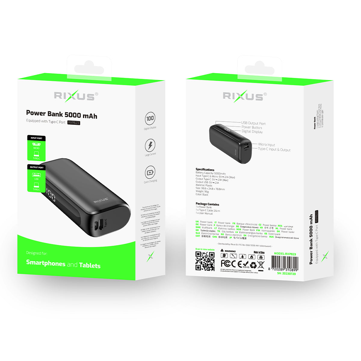 Rixus RXPB23 5000 mAh Kompakte Powerbank mit Digitalanzeige – Schwarz