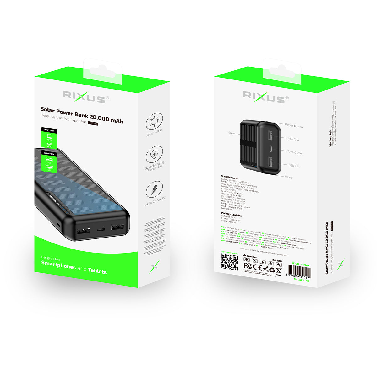 Rixus RXPB46 Solar Powerbank 20000 mAh Black - Phonebazaar