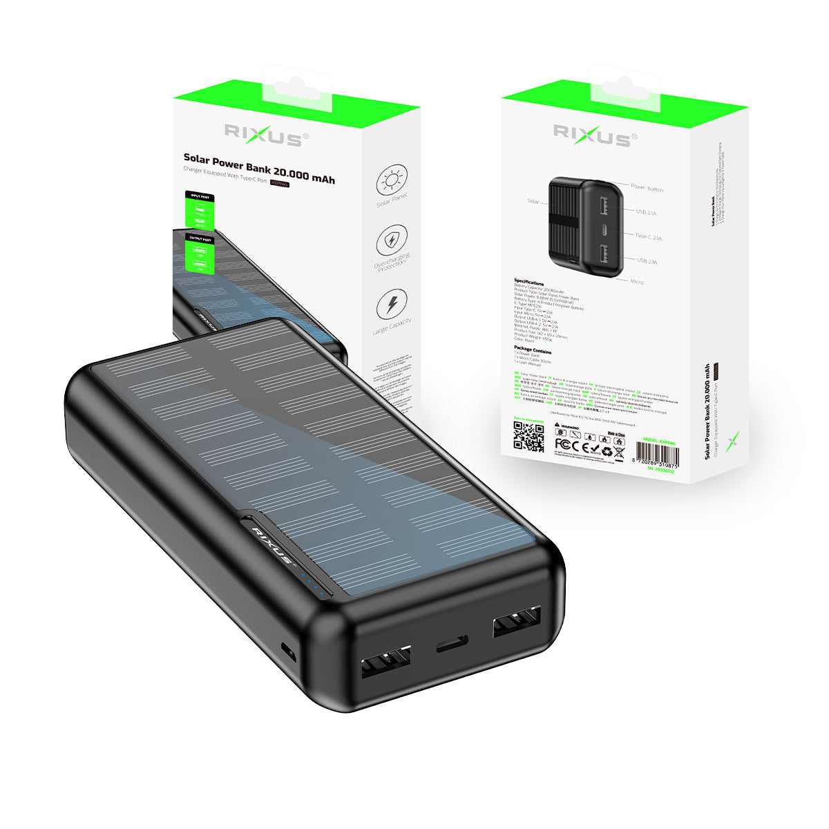 Rixus RXPB46 Solar Powerbank 20000 mAh Black - Phonebazaar
