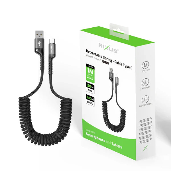 Rixus RXUC17AC Einziehbares Spiralkabel - USB-A zu Type-C 1M Schwarz