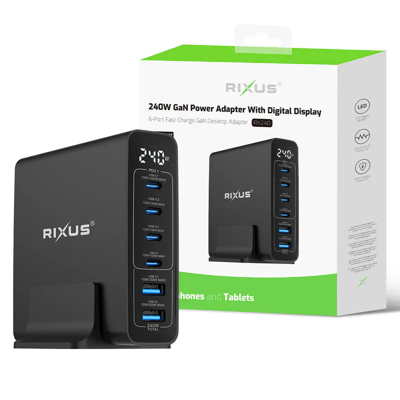 GaN 240W Ladegeraet – Mit Digitalanzeige & 6 USB-Anschlüssen, Schwarz