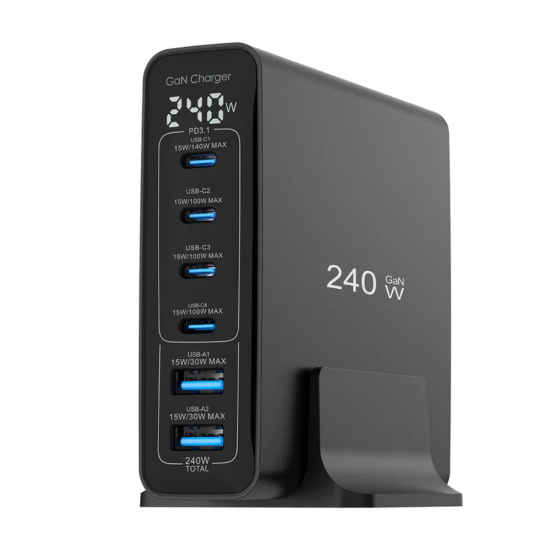 GaN 240W Ladegeraet – Mit Digitalanzeige & 6 USB-Anschlüssen, Schwarz