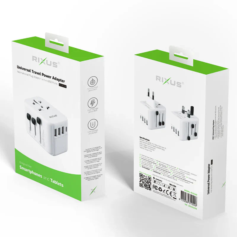 Rixus Universeller Reiseadapter Travel Reise Adapter USB-A & USB-C PD für 150+ Länder – Weiss