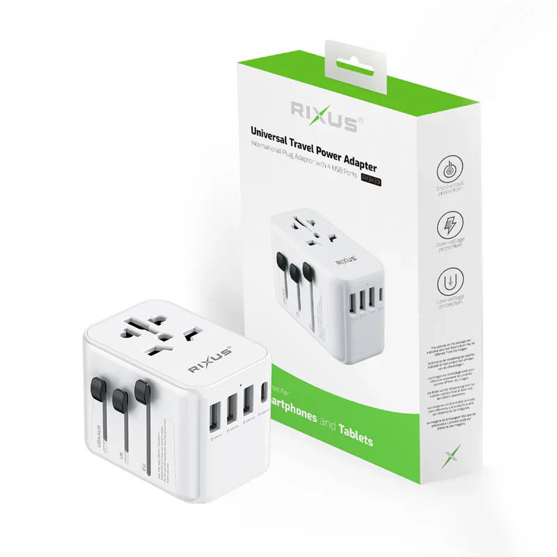 Rixus Universeller Reiseadapter Travel Reise Adapter USB-A & USB-C PD für 150+ Länder – Weiss