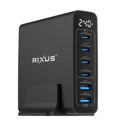 GaN 240W Ladegeraet – Mit Digitalanzeige & 6 USB-Anschlüssen, Schwarz