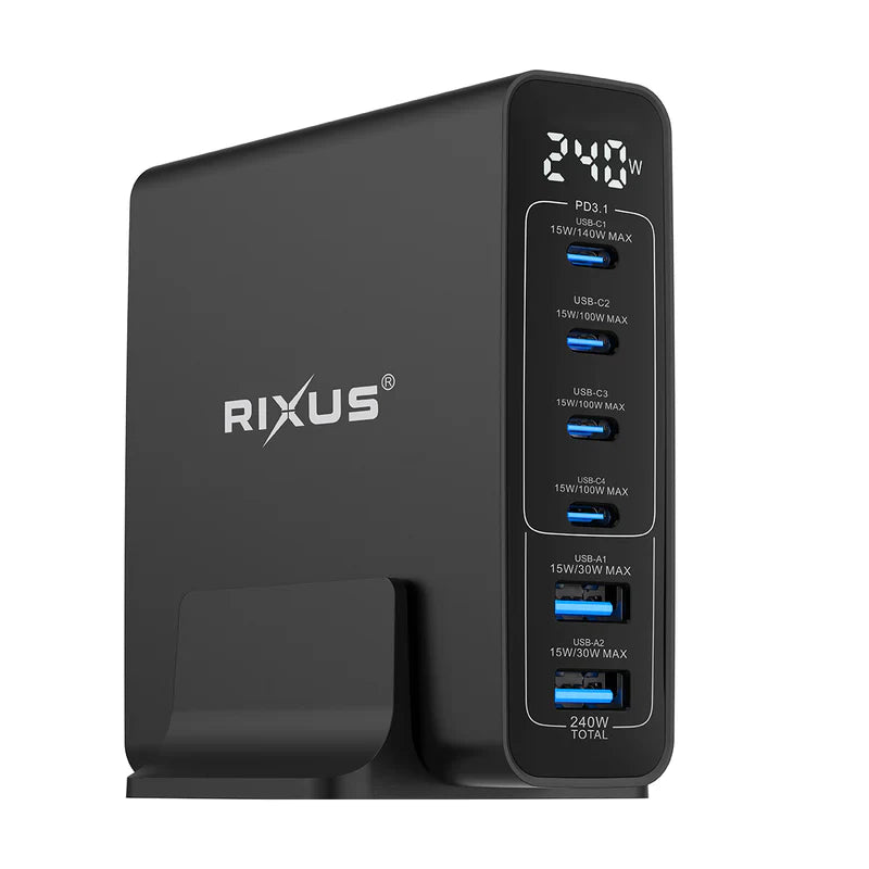GaN 240W Ladegeraet – Mit Digitalanzeige & 6 USB-Anschlüssen, Schwarz