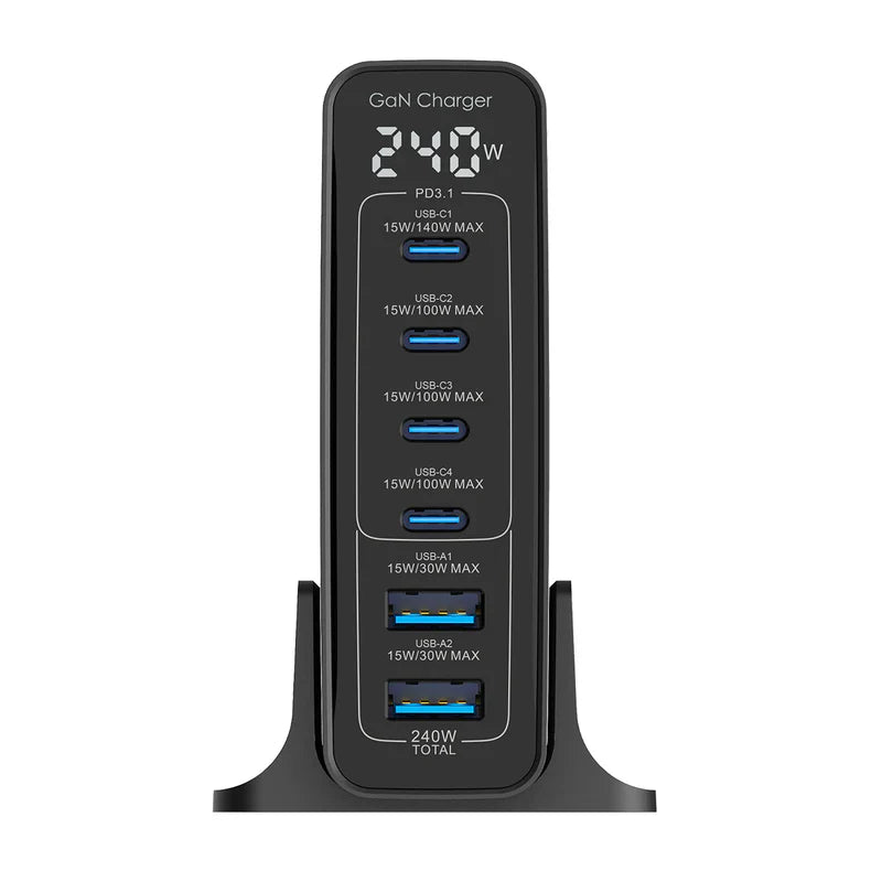 GaN 240W Ladegeraet – Mit Digitalanzeige & 6 USB-Anschlüssen, Schwarz
